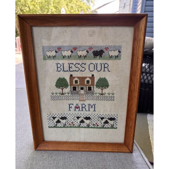 Vintage Cross Stitch God Bless Our Farm Farmhouse Cottage Grannycore Old Estate - Picture 4 of 8
